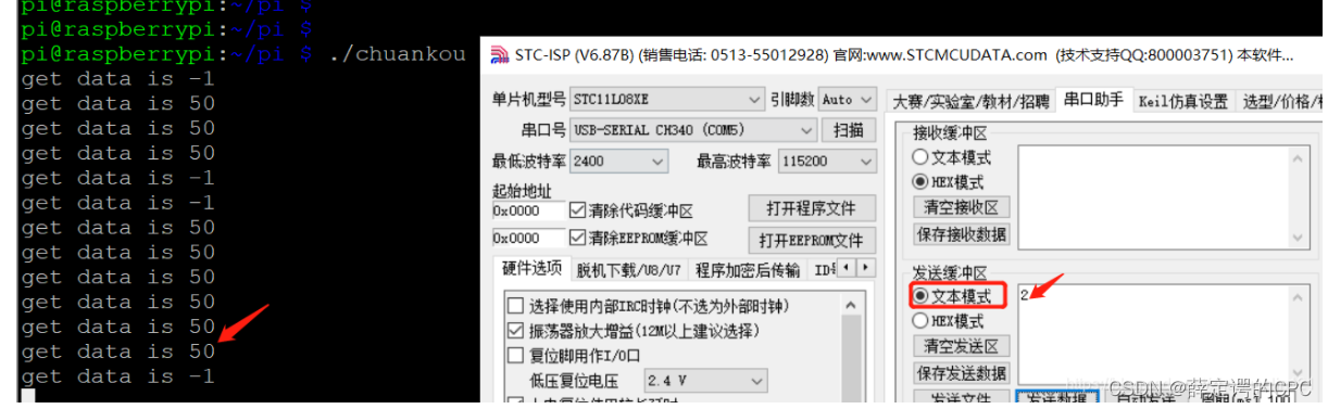 通常串口调试助手以文本的形式发送2，即发送了一个字符2。此时用%d格式树莓派端得到的将是2的ASCII码，值为50，可用%c转为字符。