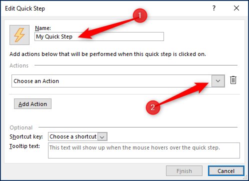 The Quick Steps editor, with the "Name" and "Actions" fields highlighted.