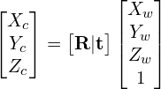 \begin{equation*} \begin{bmatrix} X_c\\ Y_c\\ Z_c \end{bmatrix}= \begin{bmatrix} \mathbf{R} |\mathbf{t} \end{bmatrix} \begin{bmatrix} X_w\\ Y_w\\ Z_w \\ 1 \end{bmatrix} \end{公式*}