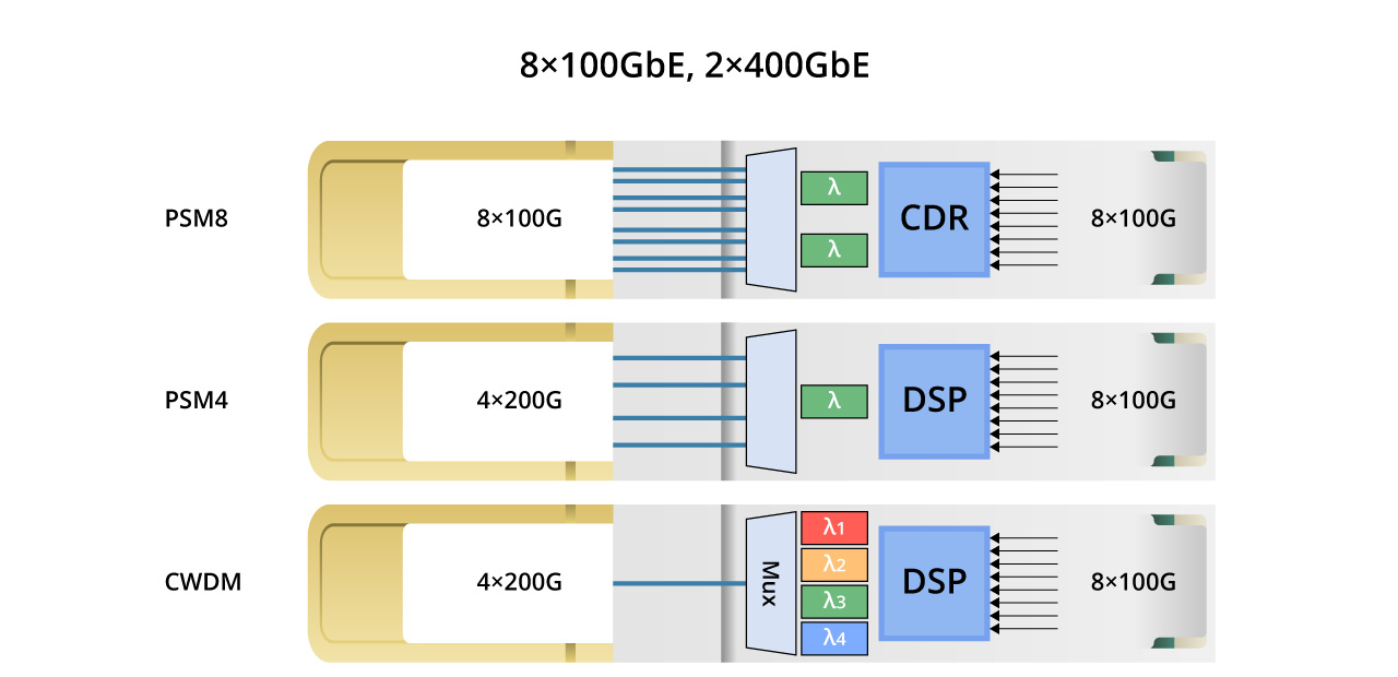 800G = 8 x 100G = 4 x 200G