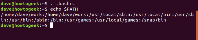 The ". .bashrc" and "echo $PATH" commands in a terminal window.