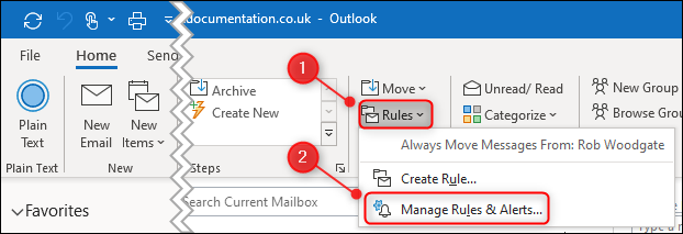 The "Manage Rules & Alerts" menu option.