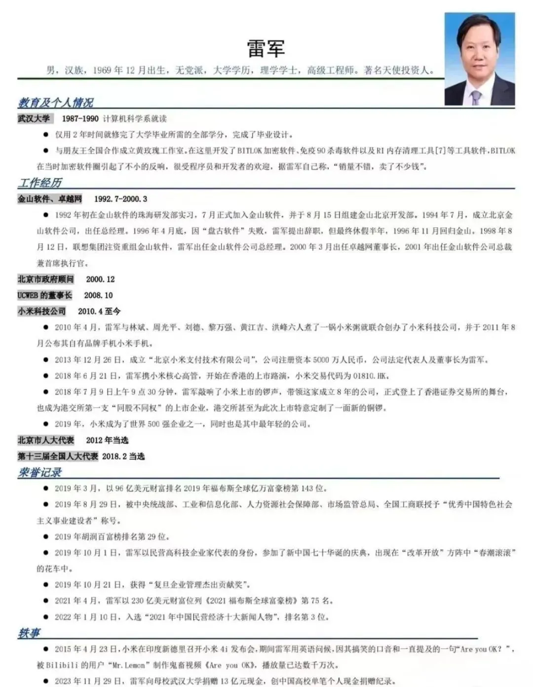 这是雷军的简历,落魄时卡里只有冰冷的40亿