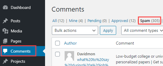 Click on the Spam tab to see a list of comments that have been marked as spam