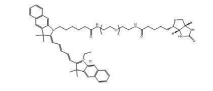 Cy5.5-PEG2000-Biotin，Cy5.5-聚乙二醇-生物素；Biotin-PEG-Cy5.5；可用于检测抗生物素、链霉亲和素或中性生物素