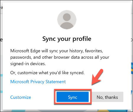 Press Sync to sync your Edge profile information with your other devices