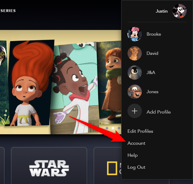 Select the "Account" option in the Disney+ Menu