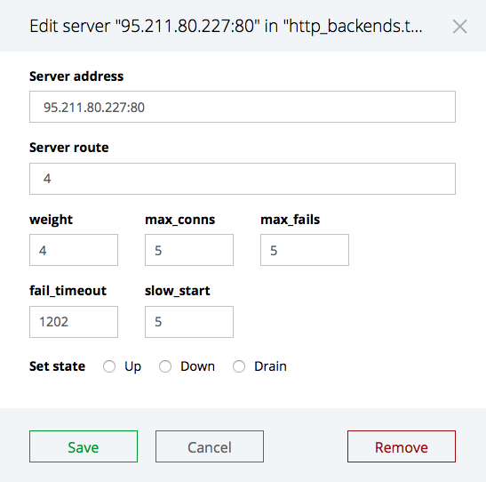 The 'Edit selected' interface for modifying or removing servers in an upstream group in the NGINX Plus live activity monitoring dashboard