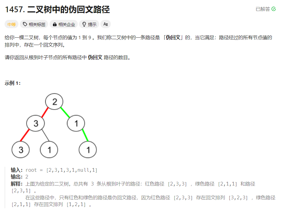 【每日一题】二叉树中的伪回文路径