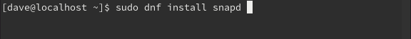 The "sudo dnf install snapd" command in a terminal window.