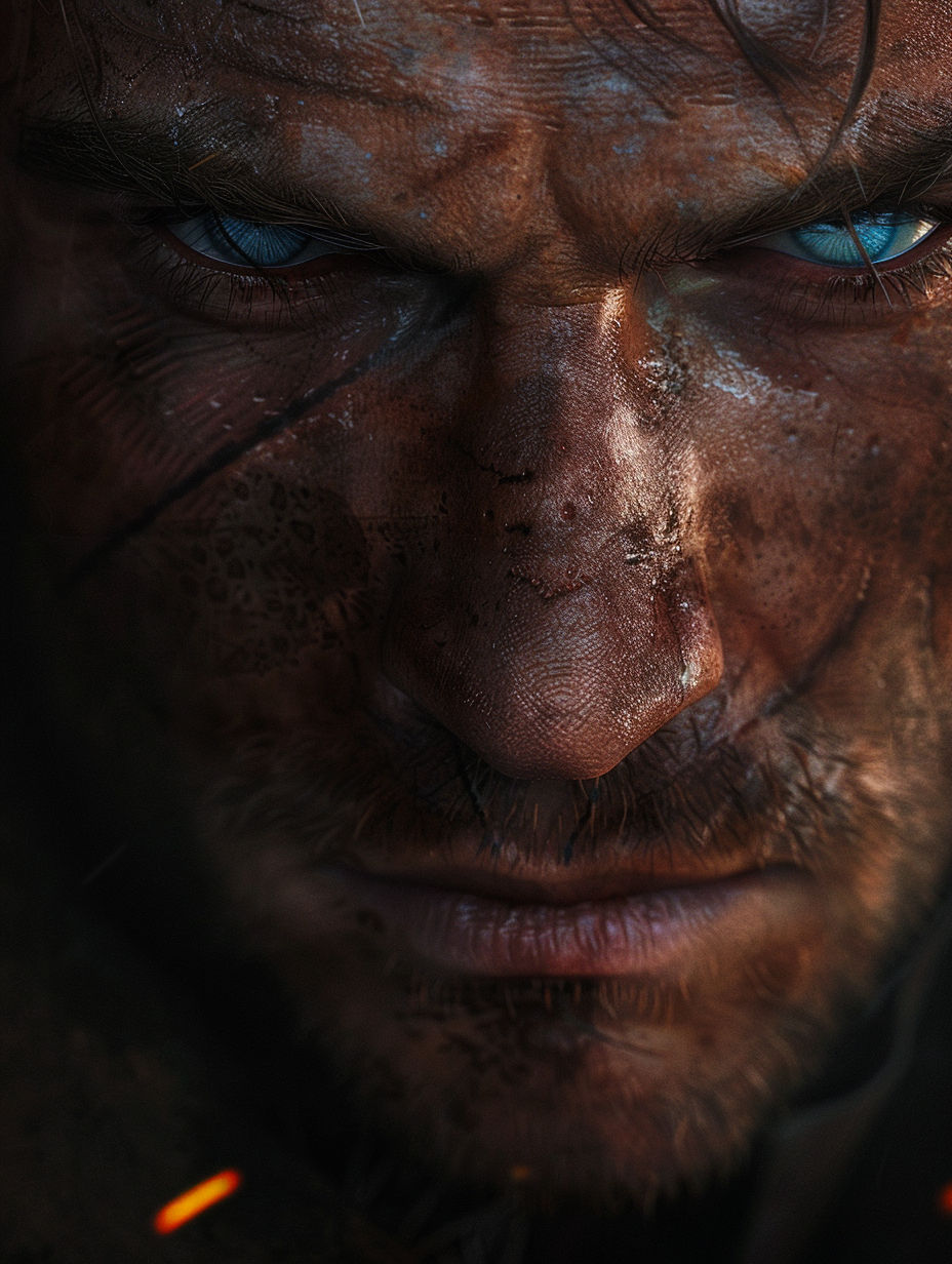 Close-up of a weathered adventurer's face, detailed scars, piercing blue eyes, a determined expression reflecting in a flickering torchlight