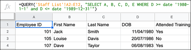 The QUERY function in Google Sheets showing a QUERY function using comparison operators to look for values between two dates.