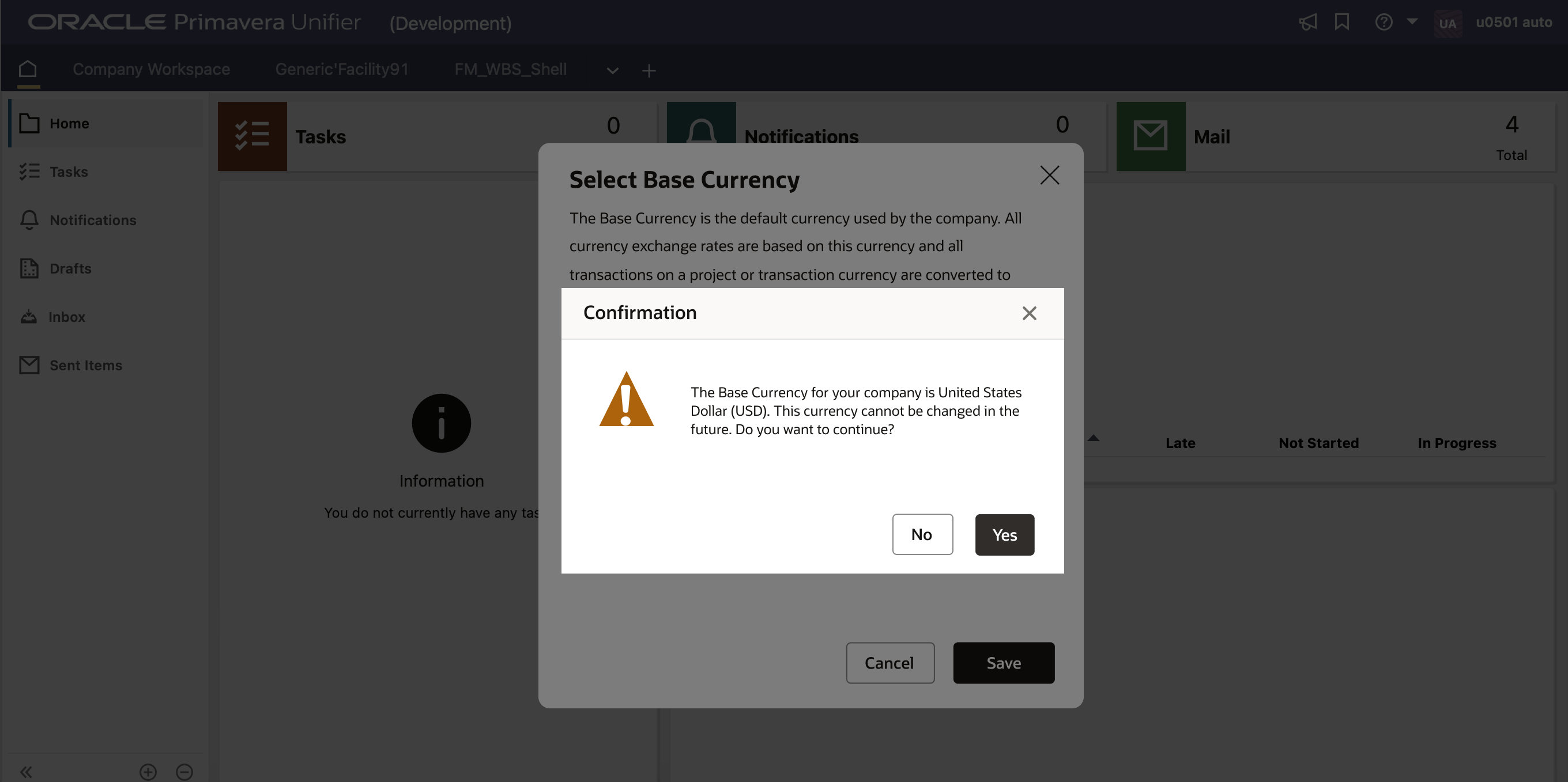 Screen image of a pop-up window asking the company administrator whether or not the choice of base currency should be confirmed.
