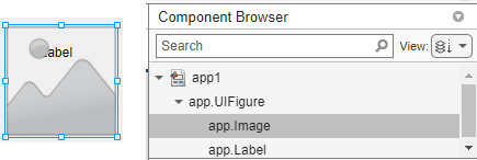 An image component on top of a label, and the Component Browser display, where the image is listed above the label.