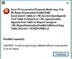 使用LabVIEW报告生成工具包时报错97
