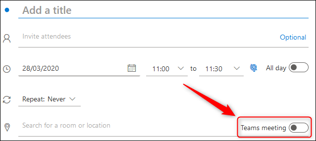 The "Teams meeting" toggle switch in an Outlook Online meeting request.