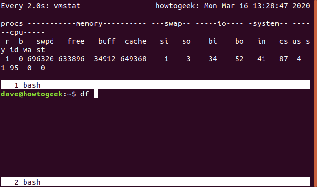 A "screen" session with a horizontal split pane, and "df" typed in the lower region in a terminal window.