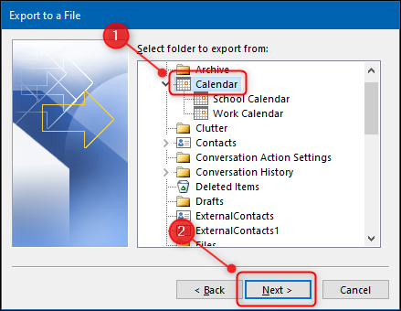 The "Import and Export Wizard" with the Calendar folder highlighted.
