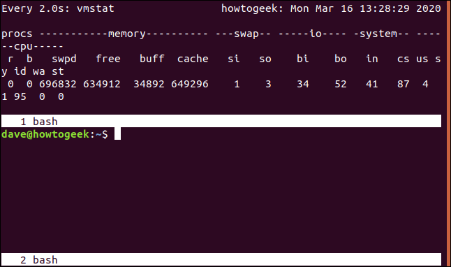 A "screen" session with a horizontal split pane showing a new window in the lower region in a terminal window.