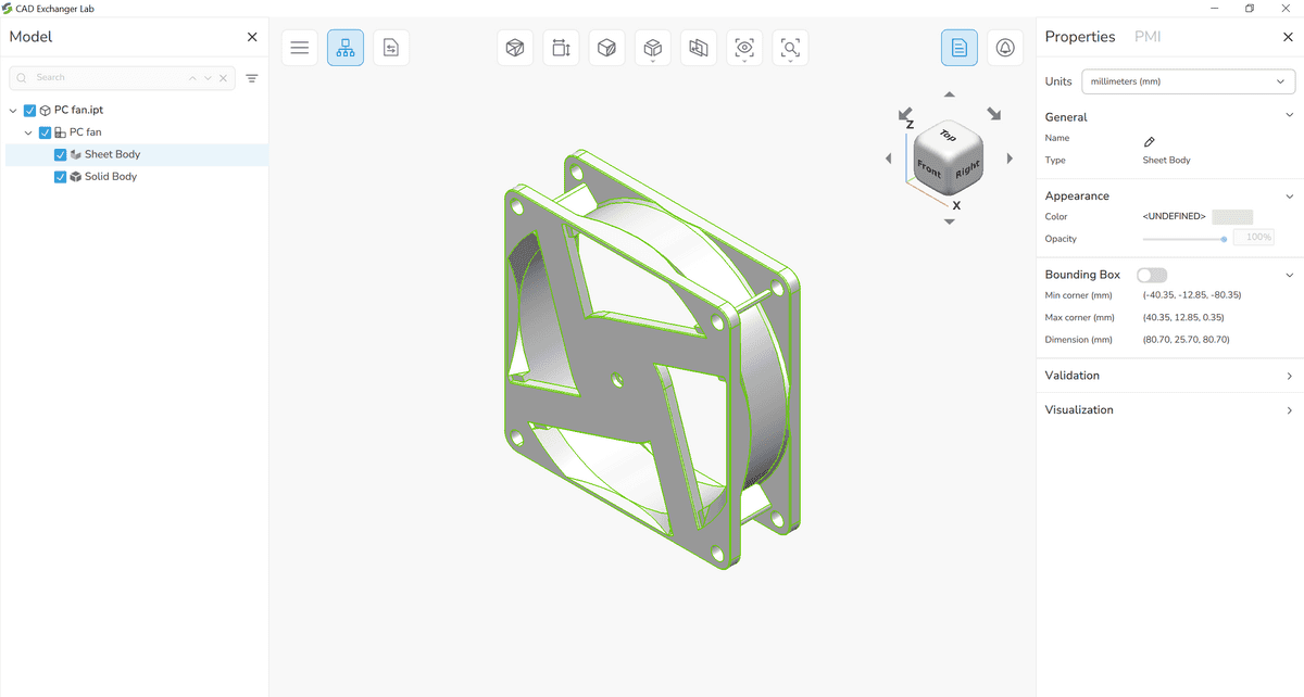 Representations of the PC fan in CAD Exchanger Lab