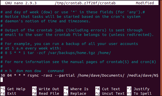 crontab open in nano in a terminal window