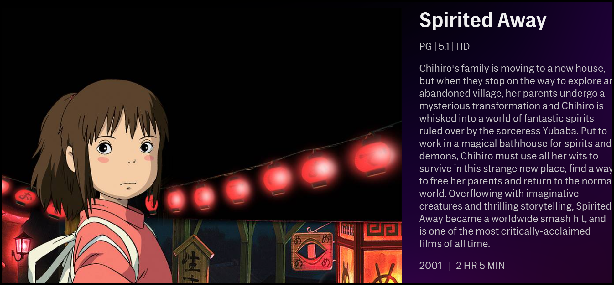 the description of "spirited away" on hbo max.