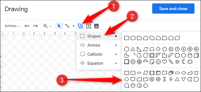 Click the icon with a circle over the square, hover over "Shapes," and then click the shape you want.