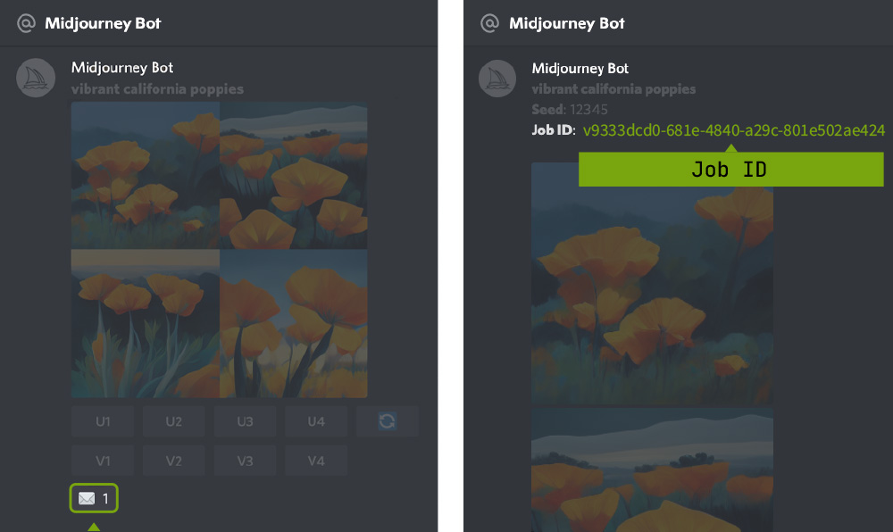 Image showing how to use a Discord Envelope Emoji Reaction to send a job ID to your direct messages
