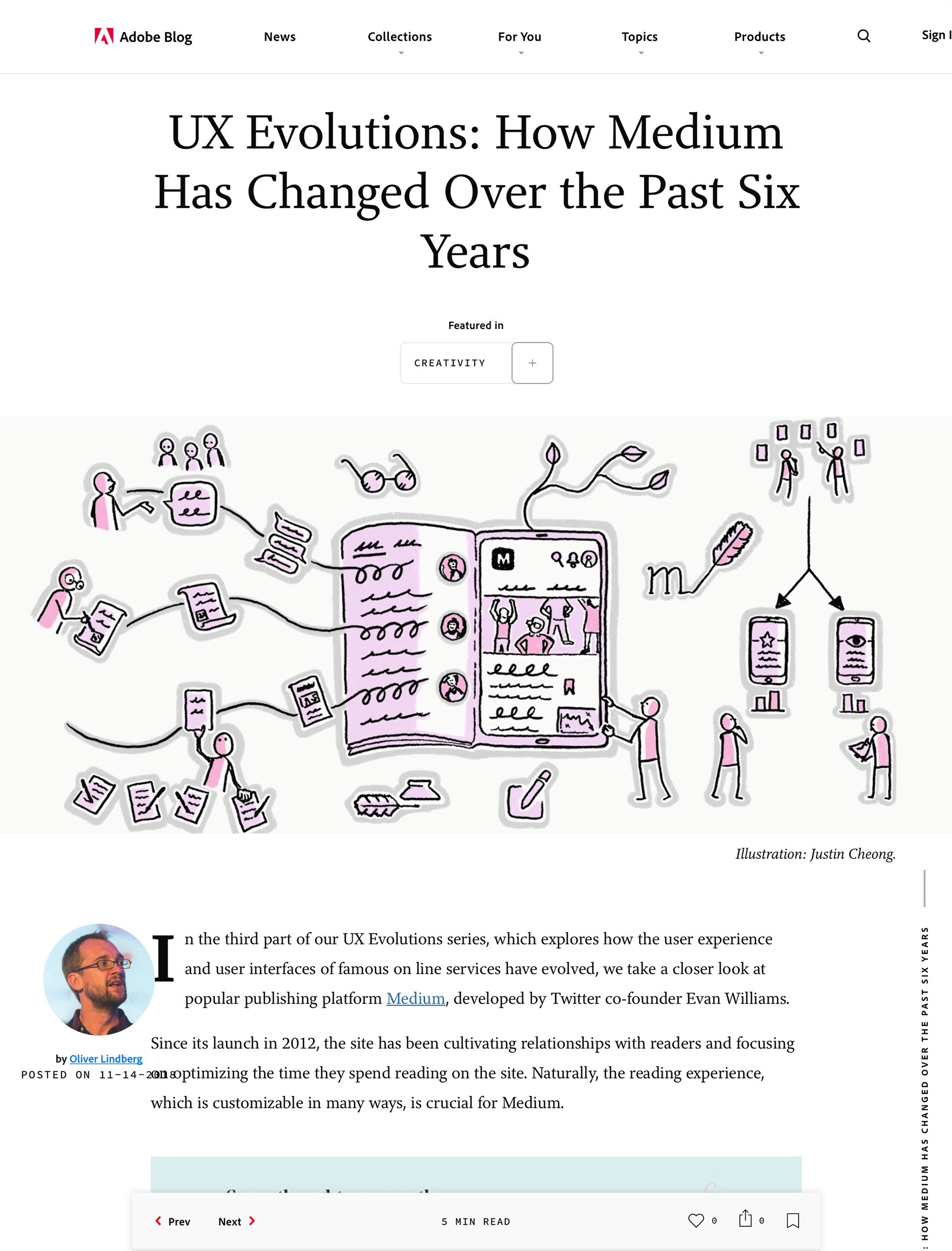 Screenshot of Adobe blog article ‘UX evolutions: How Medium has changed over the past six years’ written by Oliver Lindberg