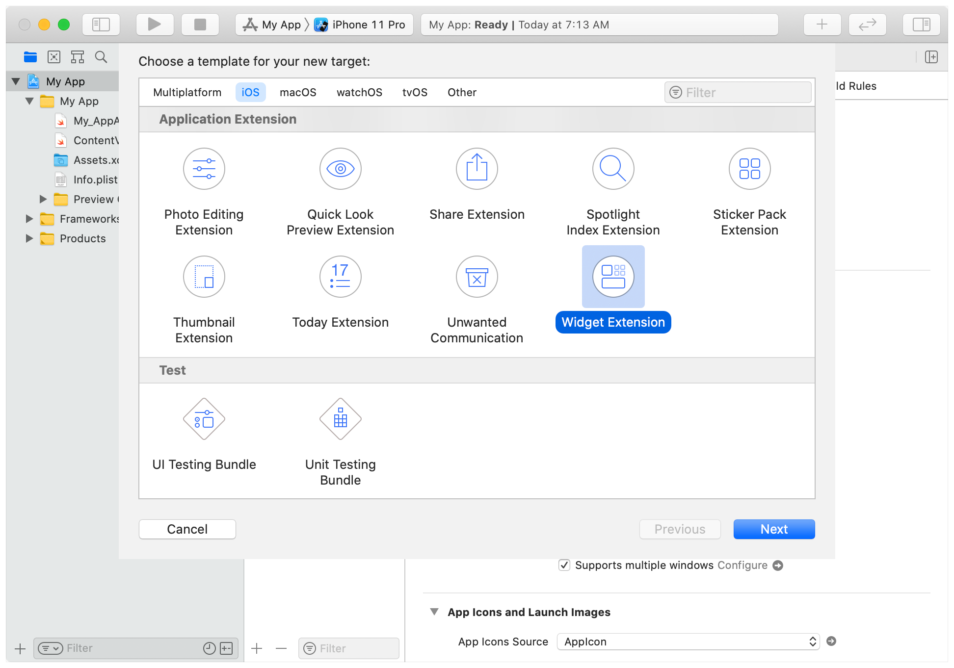 A screenshot showing Xcode’s new target sheet with Widget Extension selected