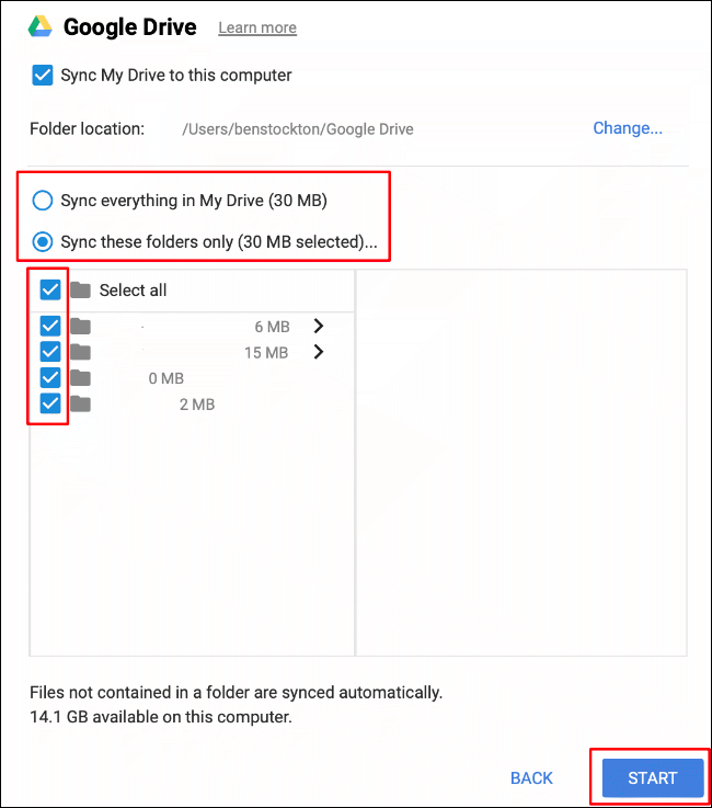 Select your folder sync options, then click Start to begin syncing files between your Google Drive storage and your Mac