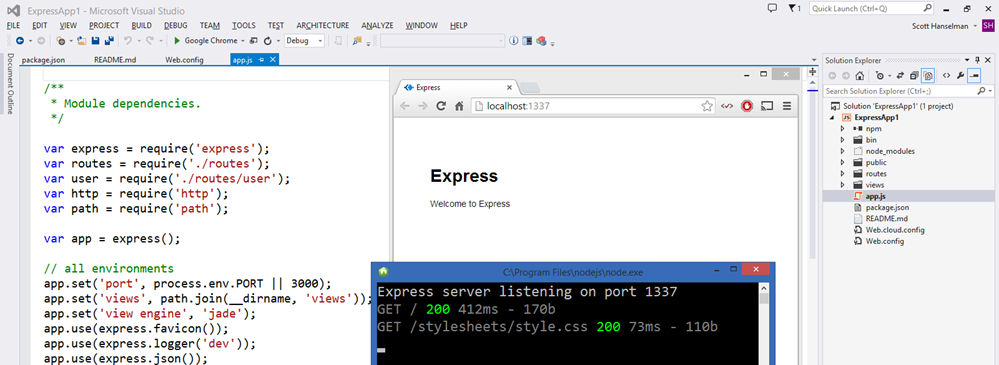 node.js and Express running in VS