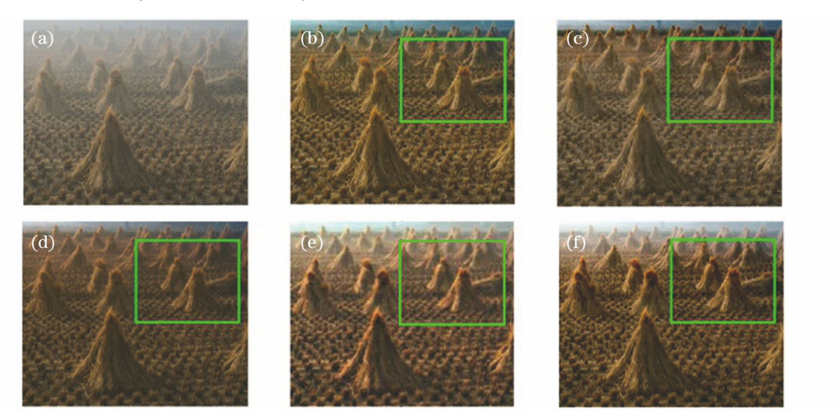 图１７ 基于单帧图像的去散射结果对比，散射介质为雾气。