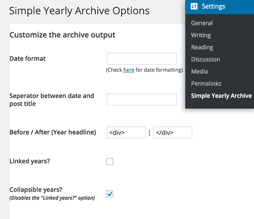 Simple yearly archive settings