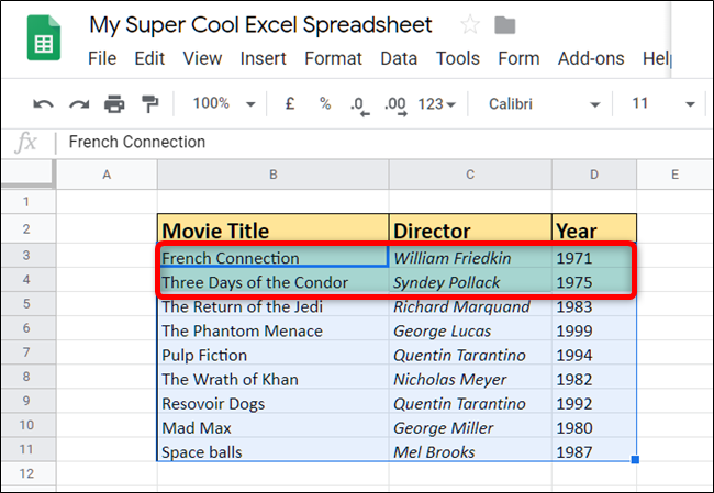 The result shows that only movies that were released after 1980 have been colored in with a green background.