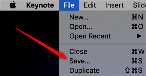 Click "File," and then click "Save" in Keynote.