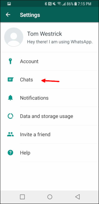 WhatsApp's Settings screen
