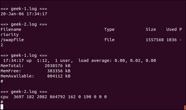 Output from tail -f -n 5 geek-1.log geek-2.log