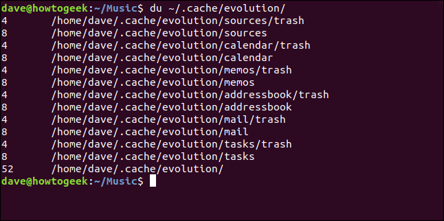 The "du ~/.cach/evolution/" command in a terminal window.