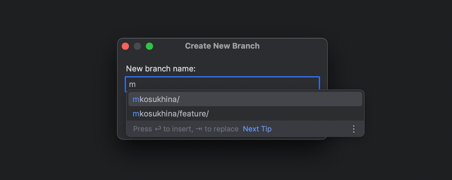 Create New Branch ポップアップでのオートコンプリート