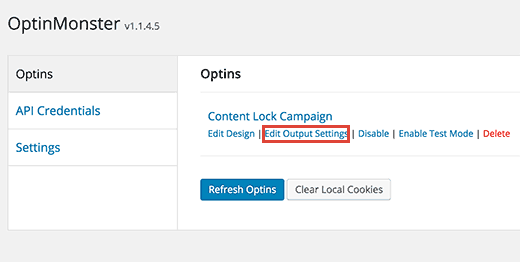 Edit optin output settings