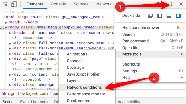 If you don't see the Network Conditions tab, click the menu icon, select More Tools, then Network Conditions to alternatively open it