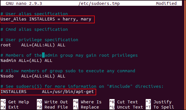 sudoers file with Users_Alias added