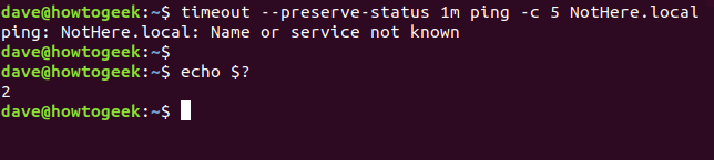 timeout --preserve-status 1m ping -c 5 NotHere.local in a terminal window