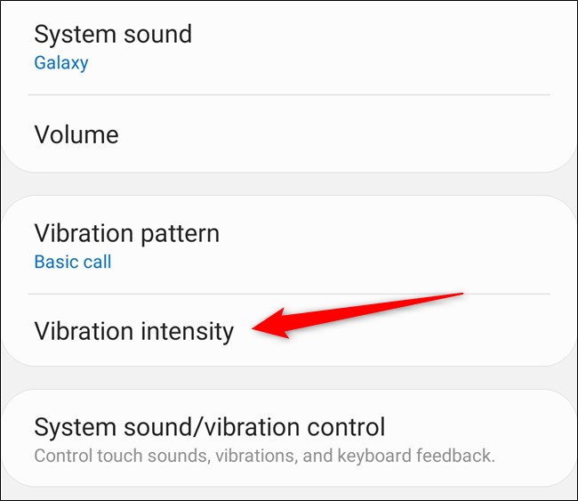 Samsung Galaxy S20 Select "Vibration Intensity"