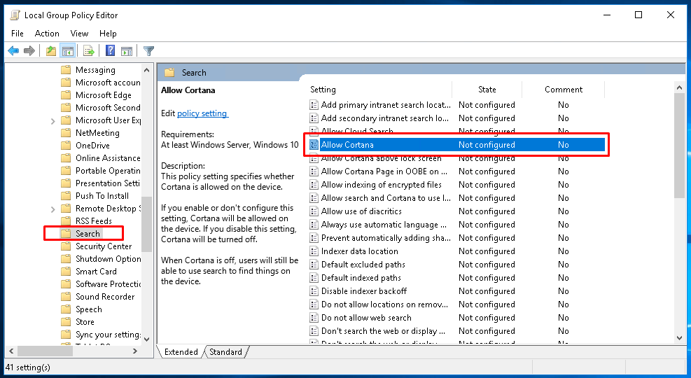 Cortana Group Policy Configuration