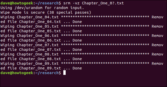 srm wiping multiple files in a terminal window