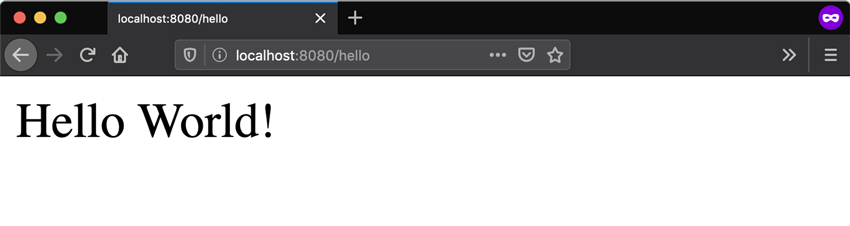 The browser screen displaying the default hello world output from our application.