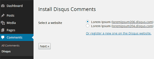 Select your site to install Disqus comments