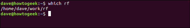 The "which rf" command in a terminal window.